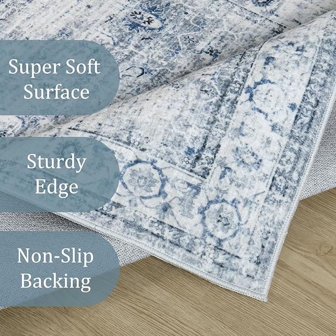 Morebes Vintage Hallway Runner Rug 12 ft, Extra Long Washable Kitchen Rug Runner Non-Slip, Soft Indoor Floor Throw Carpet for Hall Living Room Dining Room Office Farmhouse, Blue-Gray