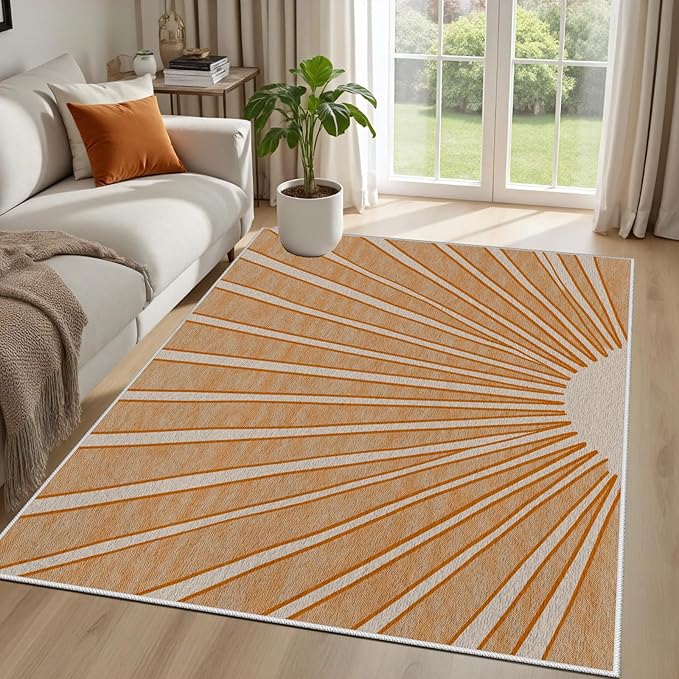 Boho Sun Print Area Rug for Living Room 6x9, Modern Abstract Non-Slip Washable Rugs, Soft Stripe Minimalism Carpet for Bedroom, Nursery, Entryway, Dining Room & Office Decor, Orange White