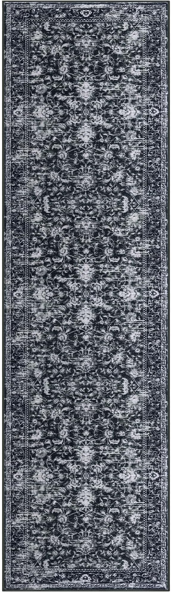 KILOCOCO Hallway Runner 2x7 Rug Runner Printed Vintage Floral Washable Kitchen Runners Non-slip Rubber Backed Runners for Hallways Distressed Thin Soft Rugs for Entryway Laundry Room, Black/Navy/White