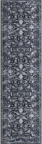 KILOCOCO Hallway Runner 2x8 Rug Runner Printed Vintage Floral Washable Kitchen Runners Non-slip Rubber Backed Runners for Hallways Distressed Thin Soft Rugs for Entryway Laundry Room, Black/Navy/White