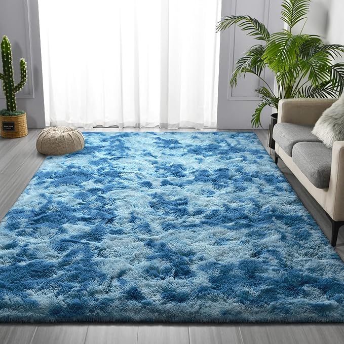 Large Shag Area Rugs 6 x 9, Tie-Dyed Plush Fuzzy Rugs for Living Room, Ultra Soft Fluffy Furry Rug for Bedroom, Indoor Carpet Nursery Rugs for Kids Room Home Decor, Bright Blue