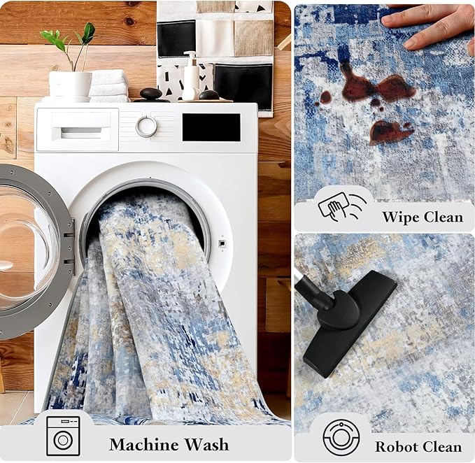 Washable Abstract Rug, 3x5 Modern Area Rugs with Non-Slip Rubber Backed for Bedroom, Thin but Soft Contemporary Carpet Kitchen Living Room Decor, Midnight Blue