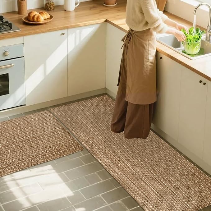 Kitchen Rugs,Kitchen Mats for Floor,Non Slip Washable 20"x 30"+20"x 48" Neutral Braided Rug,Faux Jute Rug with Non Slip Backing for Kitchen,Solid,Easy Clean,Area Rugs Sets of 2Pcs,Light Brown