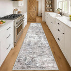 Modern Abstract 3x14 Runner Rug, Beige Grey Neutral Washable Long Kitchen Runner Non-Slip Soft Hallway Rug Runner Thin Print Faux Wool Floor Carpet for Hall Stair Entryway