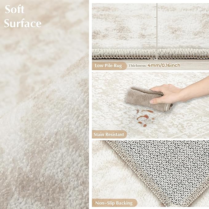 Vintage Living Room Area Rug - 8x10 Large Machine Washable Boho Area Rug Distressed Floral Rugs for Bedroom, Soft Non-Slip Indoor Floor Accent Rugs for Office Dining Room (Cream Beige, 8'x10')