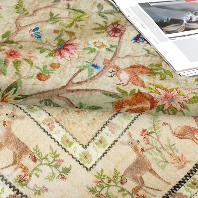 8x10 Area Rugs for Living Room, Machine Washable Non-Slip Carpet, Boho Floral Low Pile Throw Rugs for Bedroom, Dining Room, Office, Nursery, Vintage Home Decor（Beige）