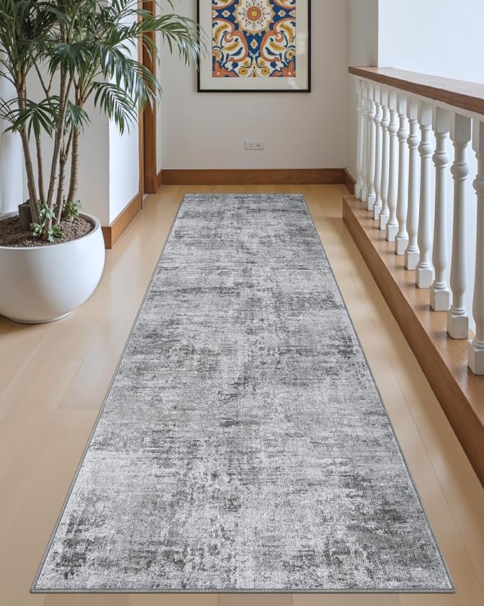 DEXI Hallway Runner Rug 3x12, Modern Abstract Non Slip Thin Soft Runners Carpet, Stain Resistant Washable Indoor Rug for Hallway Entryway Kitchen Laundry Room Living Room, Light Grey