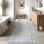 Phantoscope Washable Runner Rug 2'x6' Non-Slip, Vintage Neutral Hallway Rugs for Entryway, Stair, Bedroom, Distressed Boho Floral Medallion Pattern, Low-Pile Foldable Carpet, Light Grey/Neutral