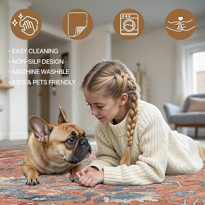 Bavni Bedroom Rug Runners for Hallways, Washable Runner Rug 2x10, Low Pile Non-Slip Indoor Throw Carpet for Bedroom Laundry Room, Terracotta/Blue