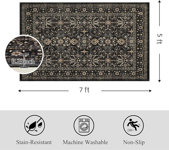 Area Rug Non Slip Machine Washable Ultra Soft Living Room/Bedroom/Kitchen/Outdoor/Classroom Black Grey, 5'×7'