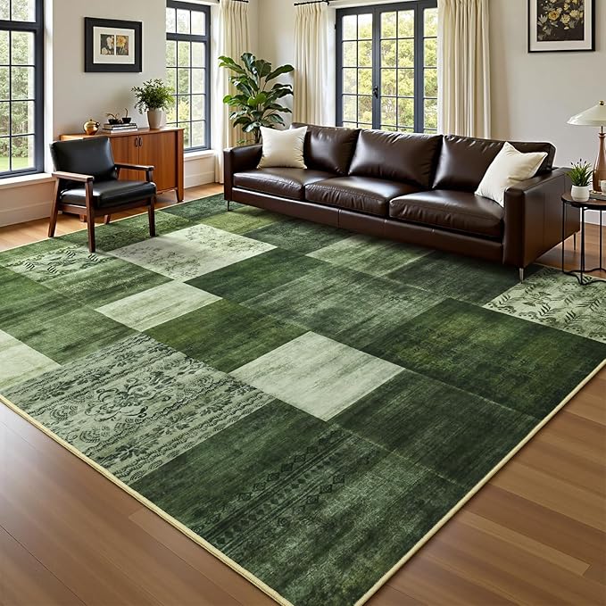 DweIke Washable Area Rugs for Living Room, 4x6 Soft Bedroom Rugs, Geometric Print Non-Slip Modern Rug, Stain Resistant Throw Carpets for Office Nursery Dining Room Home Dorm Decor, Green