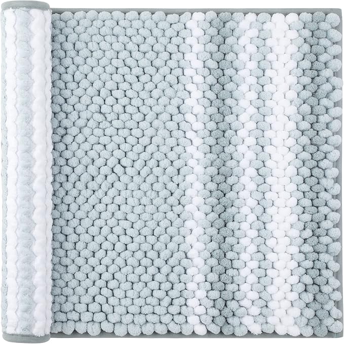PiccoCasa Chenille Bathroom Rug, Soft Fluffy Absorbent Bath Mat, Medium Pile Striped Carpet Washable Non Slip Bathroom Floor Mats(17"x24",Light Blue & White)