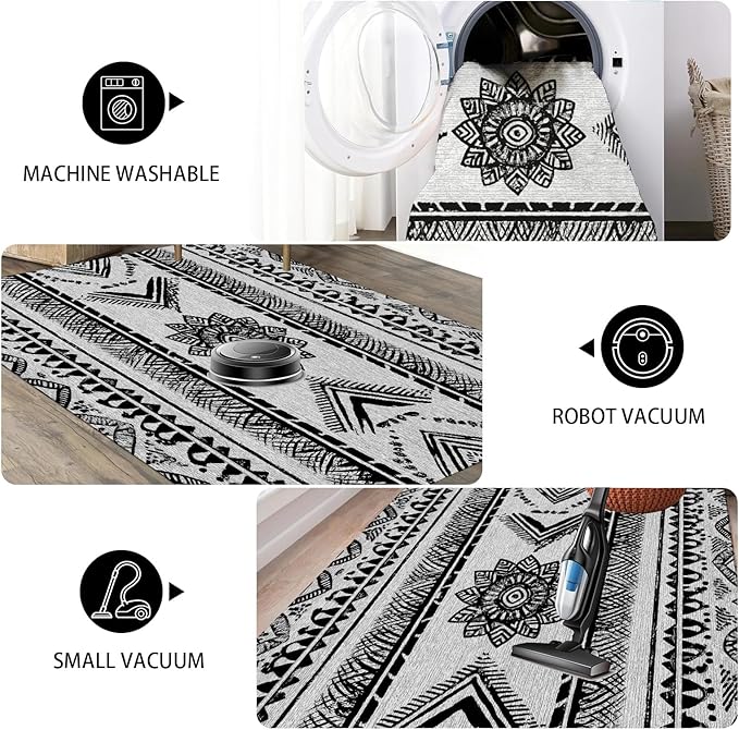 Area Rugs Moroccan for Living Room 6x8, Washable Non-Slip Boho Rug, Neutral Farmhouse Soft Carpet for Bedroom, Kitchen, Dining Room, Entryway, Geometric Print Tribal Carpets, Black and White