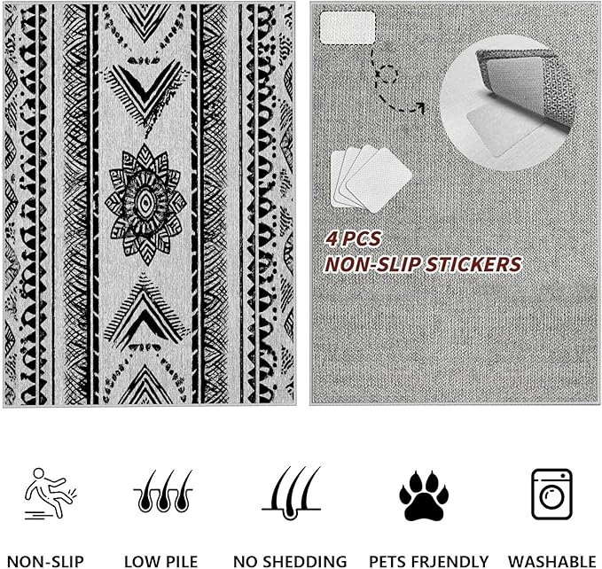 Area Rugs Moroccan for Living Room 7x10, Washable Non-Slip Boho Rug, Neutral Farmhouse Soft Carpet for Bedroom, Kitchen, Dining Room, Entryway, Geometric Print Tribal Carpets, Black and White