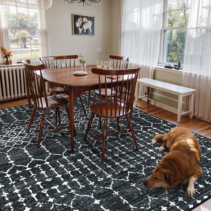Lahome Moroccan Black Area Rugs 8x10 Living Room Non-Slip Backing Ultra-Thin Large Rug Throw Stain Resistant Dining Room Rugs for Under Table, Geometric Print Modren Soft Rug for Bedroom Office
