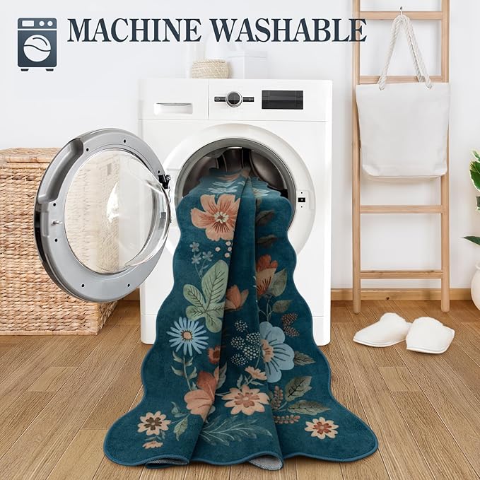 Lahome Floral Washable Runners for Hallways, 2x5 Kitchen Runner Rug Ultra-Thin, Non-Slip Stain Resistant Boho Low-Pile Carpet Runner for Bathroom Bedroom(2x5ft,Navy Blue)