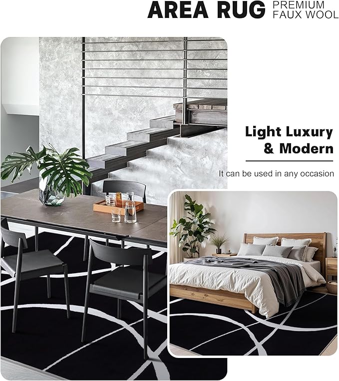 YIHOUSE Modern Washable Area Rug for Living Room Bedroom - Large Abstract Black and White Rug Non-Slip Ultra-Thin Home Decor (Dark Curve, 8'x10'ft)
