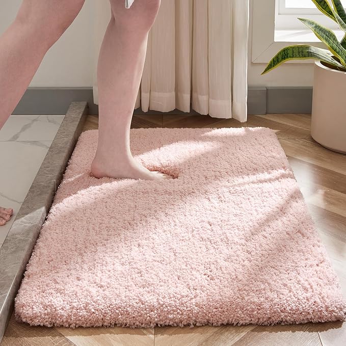 Small Bathroom Rug 17x24 Non Slip Pink Fluffy Bath Mat for Bathroom Floor Washable Plush Luxury Bath Rug for Tub Soft Shaggy Absorbent Shower Mat
