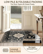 Area Rugs 8'x10' Washable Non-Slip, Floral Vintage Distress Print Pattern Medallion Carpet for Living Room Bedroom Dining Room, Black Brown Neutral Dark Tan