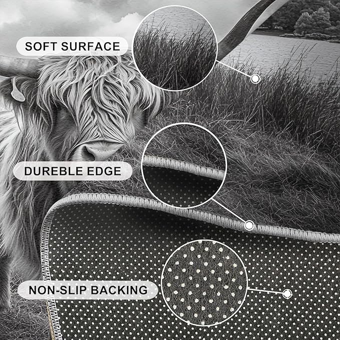 Highland Cattle Rugs for Bedroom - 3x5 Area Rug - Black White Highland Cattle Rugs for Living Room, 3D Natural Landscape Rug, Non-Slip Washable Home Decor Carpet