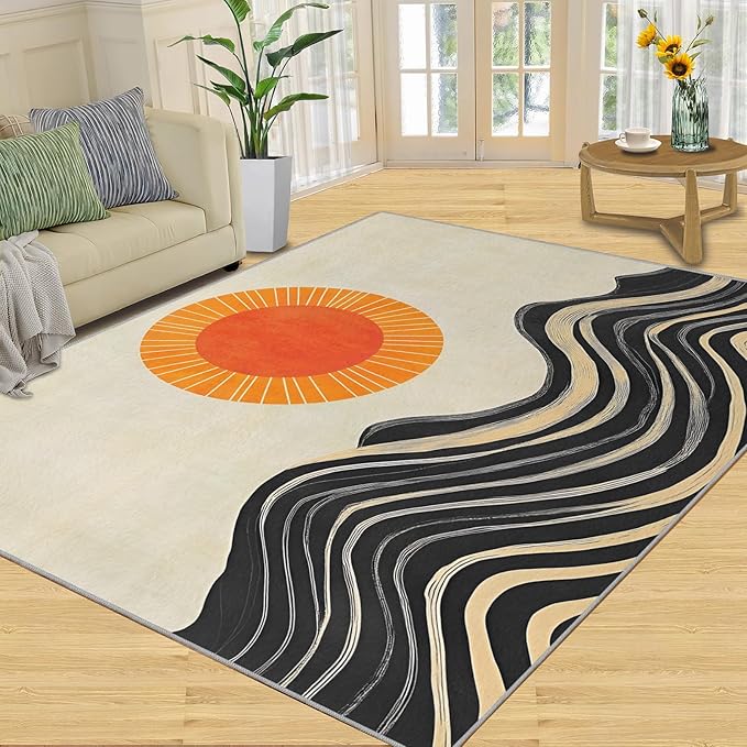 Boho Sun Area Rugs 5x6ft, Watercolor Mountain Rugs for Kids Bedroom, Abstraction Deco Office Rug Low Pile are Not Stumbling Foot for Living Room End Table Nursery