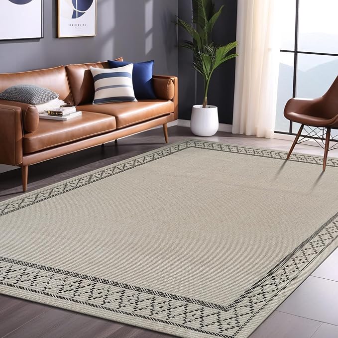 Easy Jute Rugs 4x6 Frame Bone Color Living Room Indoor Outdoor Area Rug for Patio and Kitchen Rug High Traffic Washable Easy to Clean Solid Boho Woven Design Carpet (4 x 6)