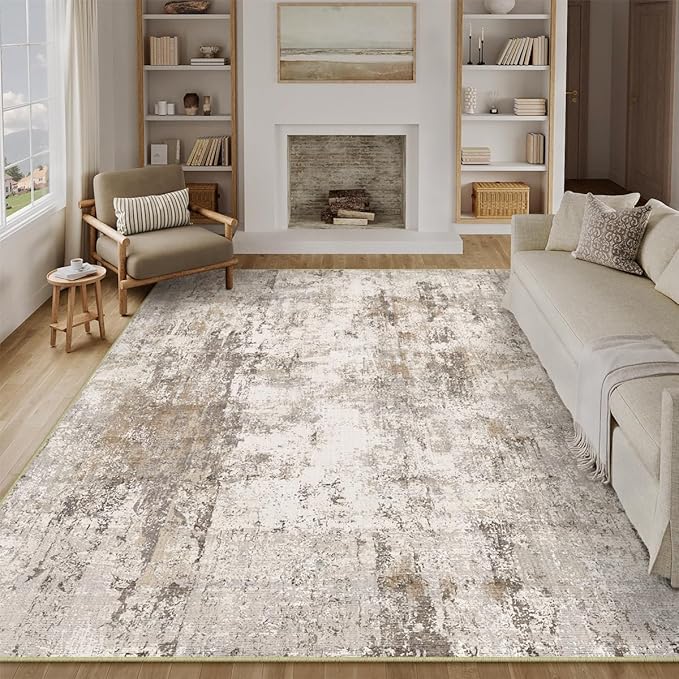 9x12 Area Rug Brown Grey Abstract Living Room Bedroom Washable Carpet Neutral Modern Non Slip Soft Low Pile Indoor Large Throw Rug for Dining Room Office