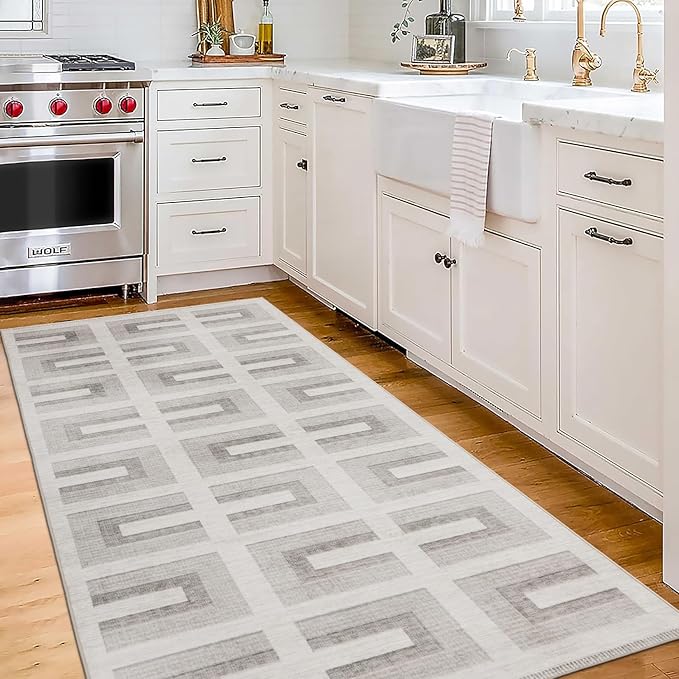 ReaLife Rugs Machine Washable Area Rug Runner - Living Room Bedroom Bathroom Kitchen Entryway Office - Non-Slip Baking Low Pile Stain Resistant Premium - Modern Geometric - Remi - Beige 2'6" x 6'