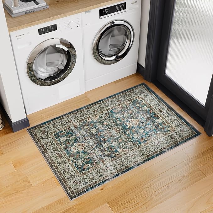 Dripex Vintage Collection Washable Area Rug - 2x3 Door Mat Small Entryway Rug Distressed Non-Slip Low-Pile Floor Carpet for Indoor Front Entrance Kitchen Bathroom Living Room Bedroom