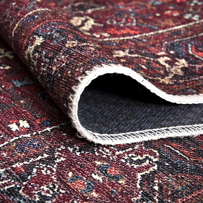 Bloom Rugs Washable Non-Slip 6' x 9' Rug - Burgundy Traditional Bordered Area Rug for Living Room, Bedroom, Dining Room, and Kitchen - Exact Size: 6' x 9'