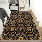 Black Gold Baroque Rug, Washable 6x9 Rug for Living Room, Floral Geometric Patterned Indoor Carpet, Black Gold Baroque Decor for Home, Bedroom, Soft Non Slip Thin Design FER71