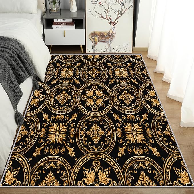 Black Gold Baroque Rug, Washable 5x8 Rug for Living Room, Floral Geometric Patterned Indoor Carpet, Black Gold Baroque Decor for Home, Bedroom, Soft Non Slip Thin Design FER69