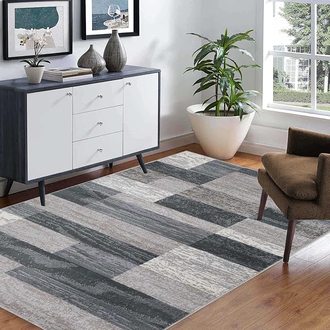 Superior Indoor Area Rug, Jute Backed, Modern Geometric Patchwork Floor Decor for Bedroom, Office, Living Room, Entryway, Hardwood Floors, Rockwood Collection, 2' x 3', Blue-Taupe