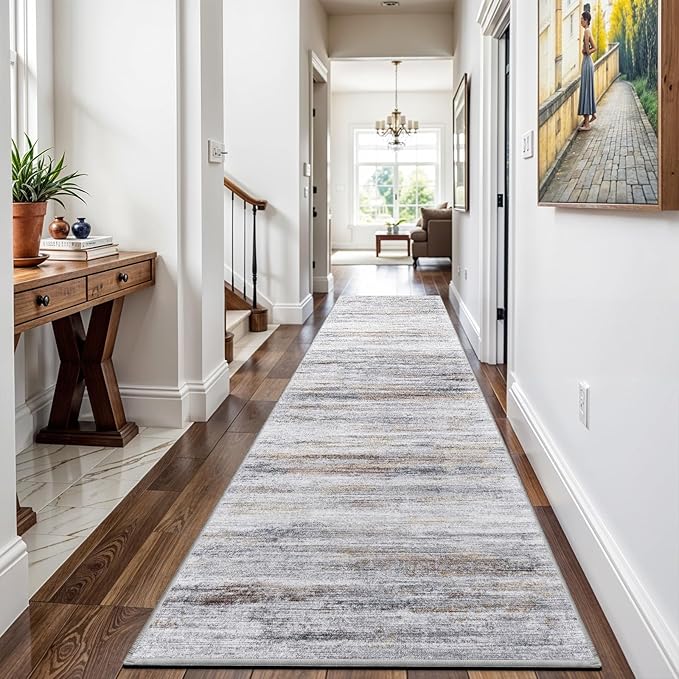 3x12 Washable Hallway Runner Rug: Extra Long Runners for Entryway Living Room Dining Room - Stain and Water Resistant Rugs with Non-Slip Backing - Soft Low-Pile Carpet 12ft Beige Grey