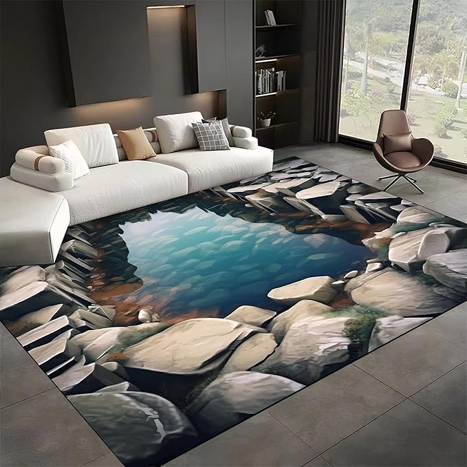 Visual Illusion Canyon Living Room Rug, 5x6ft, 3D Visual Effect Stream Indoor Throw Mat, Stone Crack Ultra Soft Home Decor Carpet, Thin Low Pile Machine Washable Rugs for Entrance
