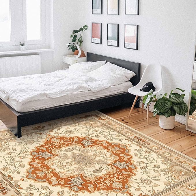 Orange Bohemian Rectangular Area Rugs for Living Room Bedroom 3 x 5 ft Vintage Farmhouse Floral Pattern Non-Shedding Soft Low Pile Rug Non Slip Washable Rug for Nursery Entryway Playroom
