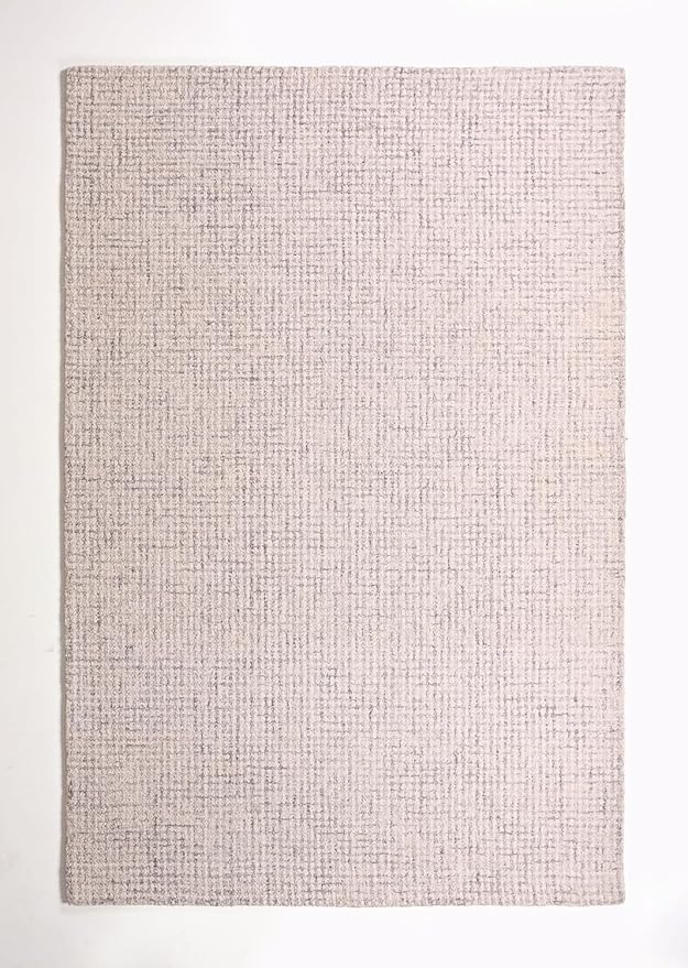Hand-Tufted 100% Wool Pile Area Rug – Geometric Textured Grid Check Pattern – Thick and Durable Floor Carpet for Bedroom, Living Room, Kids Room, and Dining Area (Ivory Grey, 6' x 9')