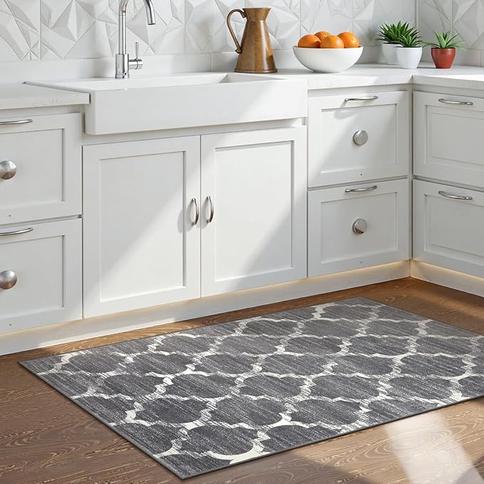 Lahome Moroccan Grey Runner Rug for Hallway - 2x4 Rug Washable Non-Slip Small Rug Lightweight Throw Soft Bath Modern Floor Carpet Runner for Kitchen Entryway Bedroom Laundry Room