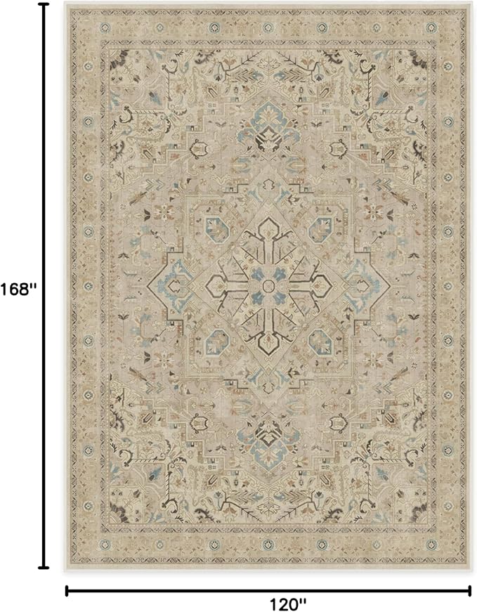 RUGGABLE Washable Vintage Area Rug – Kamran Ivory Opal 10x14, Stain-Resistant, Non-Slip – Large Machine Washable Rugs for Living Room, Bedroom, Hallway, Entryway & Office–with Cushioned Pad