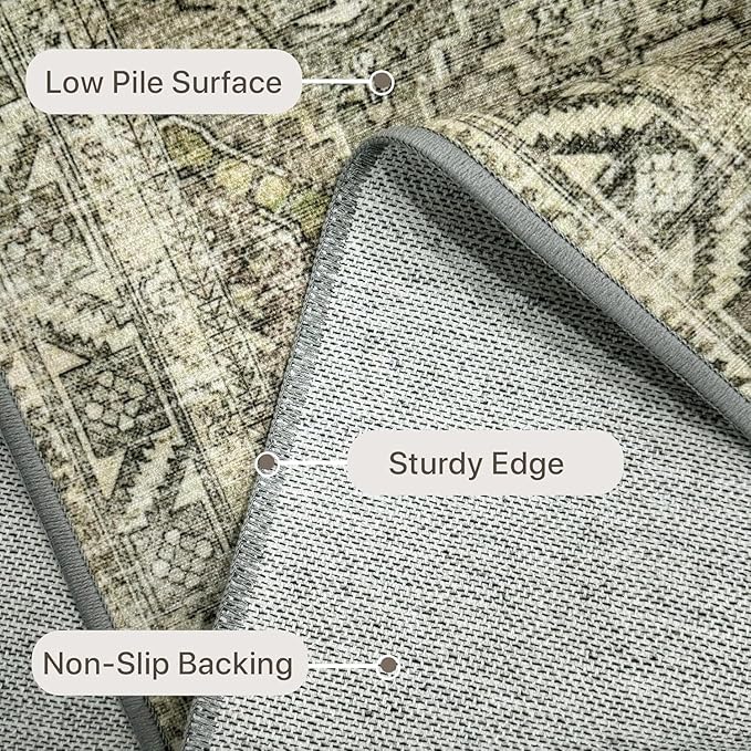 Bavni Area Rug 5x7 Machine Washable Vintage Distressed Print Ultra-Thin Chenille Bedroom Living Room Accent Rug, Low Pile Lightweight Non Slip with Gripper, Forgotten Sandstone