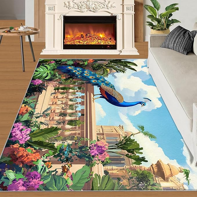 Peacock Rugs for Living Room - 3x5 Rug, Tropical Palm Leaves Area Rugs for Bedroom, Peacock Decor Rug, Floral Animal Washable Carpet, Peafowl Carpet - Peafowl Home Decor & Gifts