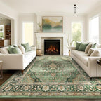 10x14 Rugs for Living Room Bedroom, Washable Green Area Rugs Non Slip Large Rug for Dining Room Office, Floor Decoration Vintage Boho Big Rug Carpet Low-Pile Kid & Pet Friendly