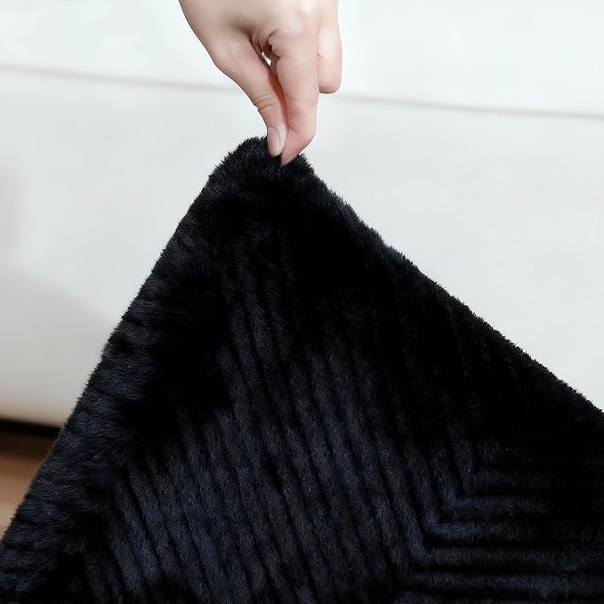 Area Rug for Living Room - 3x5 Soft Faux Rabbit Fur Modern Geometric Wave Carpet for Bedroom, Black