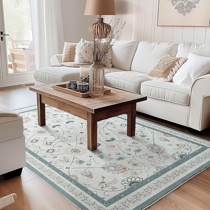 EVERGRACE Area Rugs for Living Room 5x7, Boho Floral Faux Wool Indoor Outdoor Rugs, Washable Rugs for Bedroom Dining Room Entryway Kitchen, Low Pile Floor Mat Carpet for Home Decor, Pale Blue
