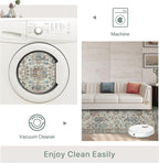 Area Rugs 8x10 Clearance Washable Boho Rug for Bedroom Living Room, Non Slip Thin Low Pile Chenille Carpet for Dining Room,Vintage Farmhouse, Blue/Ivory