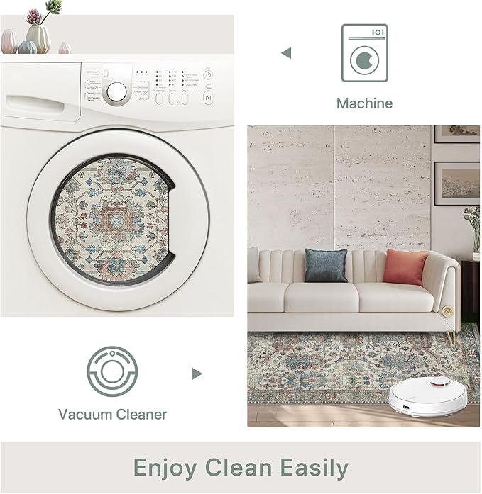 Area Rugs 8x10 Clearance Washable Boho Rug for Bedroom Living Room, Non Slip Thin Low Pile Chenille Carpet for Dining Room,Vintage Farmhouse, Blue/Ivory