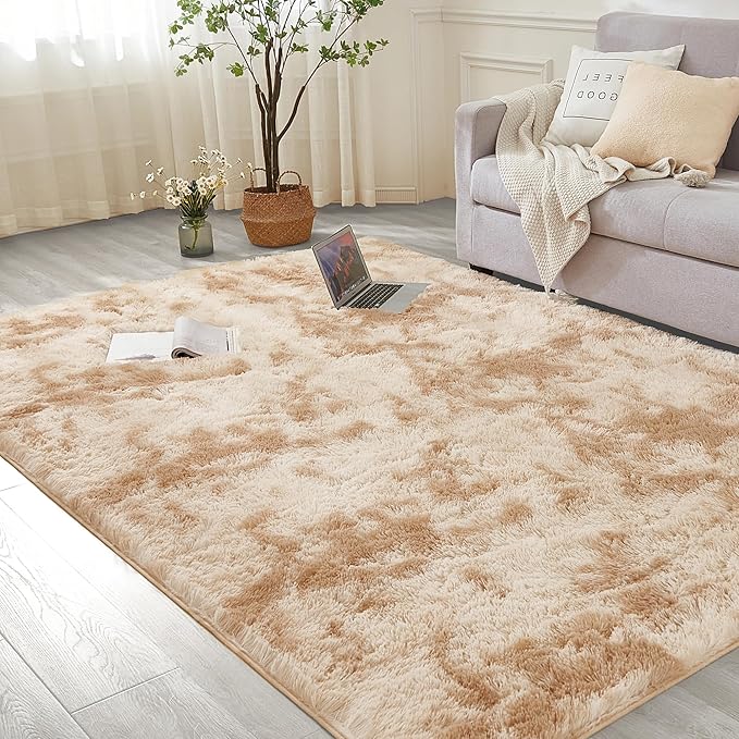 Andency Area Rugs 9x12 for Living Room Home Decor, Large Shaggy Bedroom Carpet, Non-Slip Big Shag Indoor Thick Soft Fluffy Furry Fur Area Rugs for Kids Dorm Nursery Aesthetic, Tie-Dyed Beige