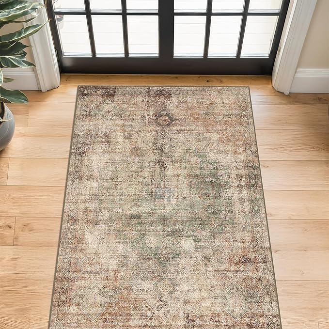 Brown and Green 3x5 Door Rugs for Entryway Indoor, Non Slip Washable Kitchen Floor Mats, Low Pile Soft Area Rug for Bedroom Beside Bed, Laundry Room, Vintage Abstract Stain Resistant Carpet