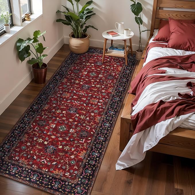 Tangsoo Floral Washable Runner Rug, 2x5 Rug Runners for Hallways Non Slip, Vintage Boho Runner Rug for Entryway Indoor, Blue Print Carpet Runner, Soft Low Pile Runner for Kitchen Bedroom Red