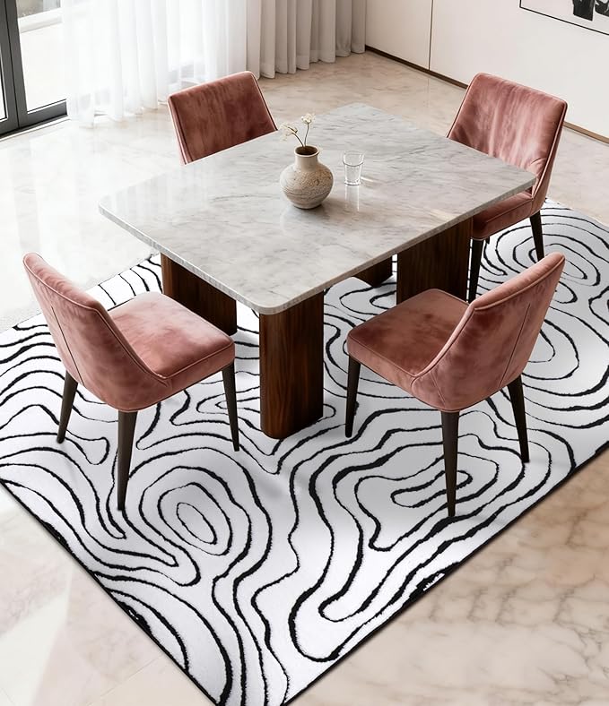 YIHOUSE Modern Rugs for Living Room 5x7, Washable Black and White Bedroom Rug, Fluffy Geometric Dining Room Rugs for Under Table Home Decor
